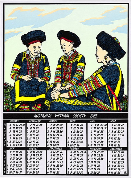 Artist: b'REDBACK GRAPHIX' | Title: b'Australia Vietnam Society calendar 1983.' | Date: 1982 | Technique: b'screenprint, printed in colour, from eight stencils' | Copyright: b'\xc2\xa9 Michael Callaghan' Artist: b'REDBACK GRAPHIX' | Title: b'Australia Vietnam Society calendar 1983.' | Date: 1982 | Technique: b'screenprint, printed in colour, from eight stencils' | Copyright: b'\xc2\xa9 Michael Callaghan'