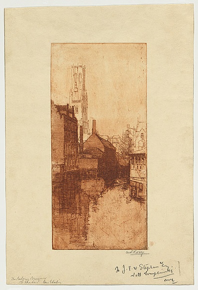 Artist: b'Long, Sydney.' | Title: b'The belfry, Bruges' | Date: c.1919 | Technique: b'line-etching and drypoint, printed in sepia ink with plate-tone, from one aluminium plate' | Copyright: b'Reproduced with the kind permission of the Ophthalmic Research Institute of Australia' Artist: b'Long, Sydney.' | Title: b'The belfry, Bruges' | Date: c.1919 | Technique: b'line-etching and drypoint, printed in sepia ink with plate-tone, from one aluminium plate' | Copyright: b'Reproduced with the kind permission of the Ophthalmic Research Institute of Australia'