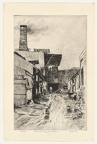 Artist: b'Cobb, Victor.' | Title: bPayne's Iron Foundry, Melbourne. | Date: 1937 | Technique: b'drypoint and roulette, printed in black ink, from one plate' Artist: b'Cobb, Victor.' | Title: bPayne's Iron Foundry, Melbourne. | Date: 1937 | Technique: b'drypoint and roulette, printed in black ink, from one plate'