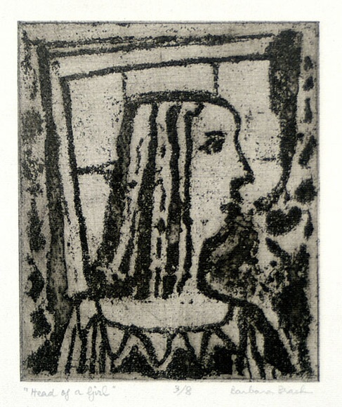 Artist: b'Brash, Barbara.' | Title: b'Head of girl.' | Date: c.1953 | Technique: b'etching, softground printed with plate-tone in brown ink' Artist: b'Brash, Barbara.' | Title: b'Head of girl.' | Date: c.1953 | Technique: b'etching, softground printed with plate-tone in brown ink'