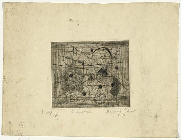 Artist: b'Cilento, Margaret.' | Title: b'Abstraction.' | Date: 1947 | Technique: b'etching, printed in black ink with plate-tone, from one plates,' Artist: b'Cilento, Margaret.' | Title: b'Abstraction.' | Date: 1947 | Technique: b'etching, printed in black ink with plate-tone, from one plates,'