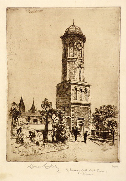 Artist: b'LINDSAY, Lionel' | Title: b'St James Cathedral Tower, Melbourne, demolished' | Date: 1914 | Technique: b'etching and aquatint, printed in brown ink with plate-tone, from one plate' | Copyright: b'Courtesy of the National Library of Australia' Artist: b'LINDSAY, Lionel' | Title: b'St James Cathedral Tower, Melbourne, demolished' | Date: 1914 | Technique: b'etching and aquatint, printed in brown ink with plate-tone, from one plate' | Copyright: b'Courtesy of the National Library of Australia'