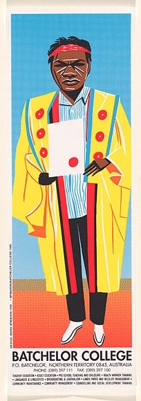 Artist: b'McMahon, Marie.' | Title: b'Batchelor College (male graduate) one in a series of 4' | Date: 1992 | Technique: b'screenprint, printed in colour, from five stencils' | Copyright: b'\xc2\xa9 Marie McMahon. Licensed by VISCOPY, Australia' Artist: b'McMahon, Marie.' | Title: b'Batchelor College (male graduate) one in a series of 4' | Date: 1992 | Technique: b'screenprint, printed in colour, from five stencils' | Copyright: b'\xc2\xa9 Marie McMahon. Licensed by VISCOPY, Australia'