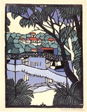 Artist: PRESTON, Margaret | Title: Mosman Bridge. | Date: c.1927 | Technique: woodcut, printed in black ink, from one block; hand-coloured | Copyright: © Margaret Preston. Licensed by VISCOPY, Australia