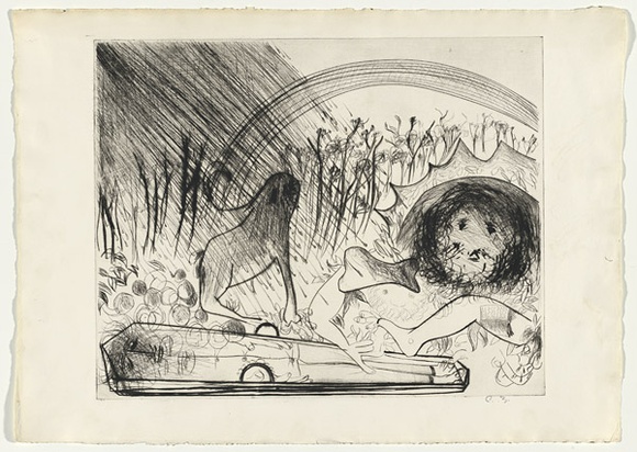 Artist: b'BOYD, Arthur' | Title: b'Lions with bone in wooded landscape (The last of St Jerome).' | Date: (1968-69) | Technique: b'etching and drypoint, printed in black ink, from one plate' | Copyright: b'Reproduced with permission of Bundanon Trust' Artist: b'BOYD, Arthur' | Title: b'Lions with bone in wooded landscape (The last of St Jerome).' | Date: (1968-69) | Technique: b'etching and drypoint, printed in black ink, from one plate' | Copyright: b'Reproduced with permission of Bundanon Trust'