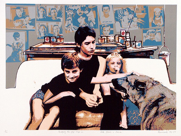 Artist: b'Newmarch, Ann.' | Title: b'Bridging the gap, ten years on Jake, Bruno and Jessie' | Date: 1986-87 | Technique: b'screenprint, printed in colour, from multiple stencils' Artist: b'Newmarch, Ann.' | Title: b'Bridging the gap, ten years on Jake, Bruno and Jessie' | Date: 1986-87 | Technique: b'screenprint, printed in colour, from multiple stencils'