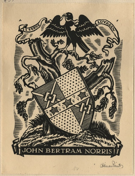 Artist: b'FEINT, Adrian' | Title: b'Bookplate: John Bertram Norris.' | Date: (1934) | Technique: b'wood-engraving, printed in black ink, from one block' | Copyright: b'Courtesy the Estate of Adrian Feint' Artist: b'FEINT, Adrian' | Title: b'Bookplate: John Bertram Norris.' | Date: (1934) | Technique: b'wood-engraving, printed in black ink, from one block' | Copyright: b'Courtesy the Estate of Adrian Feint'