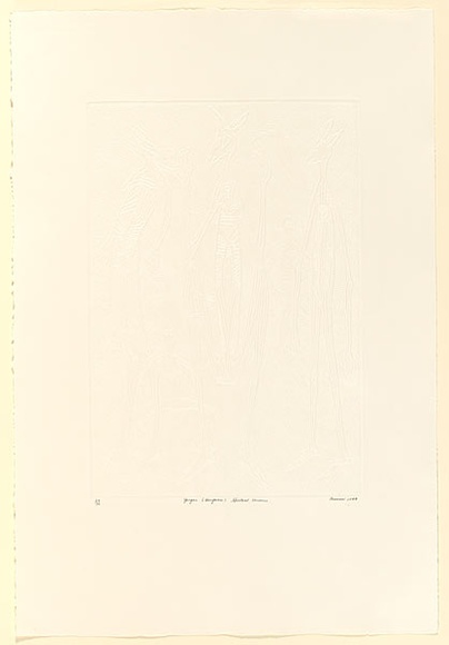 Artist: b'Hayward Pooaraar, Bevan.' | Title: b'Yongas (kangaroo) spiritual concerns' | Date: 1988 | Technique: b'embossing'