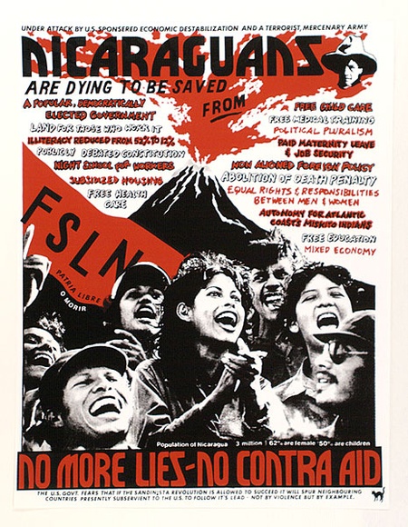 Artist: b'Black Cat Collective.' | Title: b'Nicaraguans are dying to be saved.' | Date: c.1986 | Technique: b'screenprint, printed in colour, from multiple stencils' Artist: b'Black Cat Collective.' | Title: b'Nicaraguans are dying to be saved.' | Date: c.1986 | Technique: b'screenprint, printed in colour, from multiple stencils'