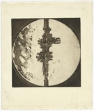 Artist: SELLBACH, Udo | Title: (Circle with jagged column) | Date: (1967) | Technique: etching, aquatint, embossing printed in black ink, from one  plate with plate-tone