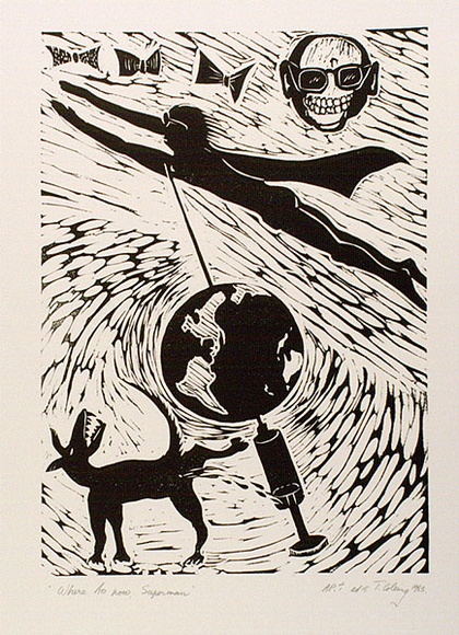 Artist: b'COLEING, Tony' | Title: b'Where to now, Superman?.' | Date: 1983 | Technique: b'linocut, printed in black ink, from one block' Artist: b'COLEING, Tony' | Title: b'Where to now, Superman?.' | Date: 1983 | Technique: b'linocut, printed in black ink, from one block'