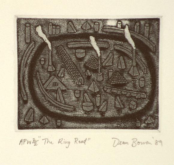 Artist: b'Bowen, Dean.' | Title: b'The ring road' | Date: 1989 | Technique: b'etching, printed in blue ink, from one plate' Artist: b'Bowen, Dean.' | Title: b'The ring road' | Date: 1989 | Technique: b'etching, printed in blue ink, from one plate'