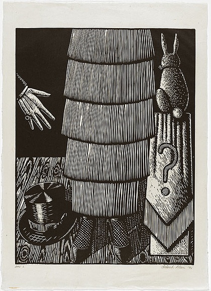 Artist: b'Klein, Deborah.' | Title: b'See the lady sawn in half! [lower section]' | Date: 1997 | Technique: b'linocut, printed in black ink, from one block'