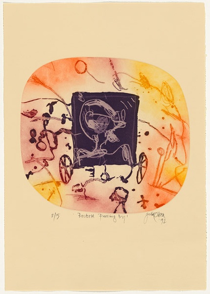 Artist: b'Olsen, John.' | Title: b'Beckett passing by' | Date: 1992 | Technique: b'aquatint, printed in colour with plate-tone, from one plate' | Copyright: b'\xc2\xa9 John Olsen. Licensed by VISCOPY, Australia' Artist: b'Olsen, John.' | Title: b'Beckett passing by' | Date: 1992 | Technique: b'aquatint, printed in colour with plate-tone, from one plate' | Copyright: b'\xc2\xa9 John Olsen. Licensed by VISCOPY, Australia'