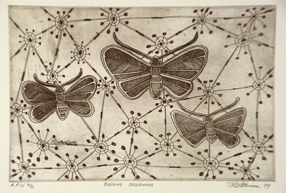 Artist: b'Atkinson, Kevin.' | Title: b'Bogong dreaming' | Date: 1999, April | Technique: b'etching, printed in black ink, from one plate' Artist: b'Atkinson, Kevin.' | Title: b'Bogong dreaming' | Date: 1999, April | Technique: b'etching, printed in black ink, from one plate'