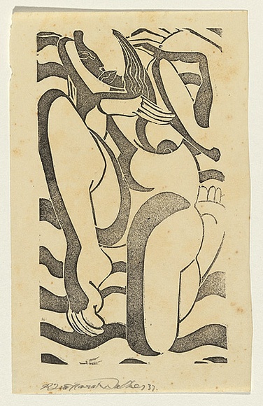 Artist: b'Walker, Ralph Trafford.' | Title: b'(Nude woman on the beach)' | Date: 1937 | Technique: b'linocut, printed in black ink, from one block' Artist: b'Walker, Ralph Trafford.' | Title: b'(Nude woman on the beach)' | Date: 1937 | Technique: b'linocut, printed in black ink, from one block'