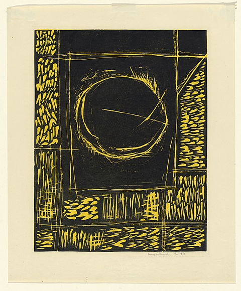 Artist: b'Salkauskas, Henry.' | Title: b'Harvest No 1' | Date: 1959 | Technique: b'linocut, printed in colour, from two blocks' | Copyright: b'\xc2\xa9 Eva Kubbos' Artist: b'Salkauskas, Henry.' | Title: b'Harvest No 1' | Date: 1959 | Technique: b'linocut, printed in colour, from two blocks' | Copyright: b'\xc2\xa9 Eva Kubbos'