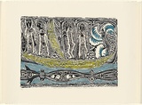 Artist: Nona, Dennis. | Title: Headhunting and Trading in Torres Strait Island | Date: 1992 | Technique: linocut, printed in black ink, from one block; hand-coloured | Copyright: Courtesy of the artist and the Australia Art Print Network
