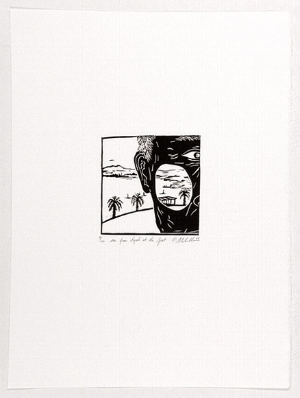 Artist: b'SCHILLIER, Paul' | Title: b'Man from Nepal at the spot.' | Date: 1988 | Technique: b'linocut, printed in black ink, from one block' Artist: b'SCHILLIER, Paul' | Title: b'Man from Nepal at the spot.' | Date: 1988 | Technique: b'linocut, printed in black ink, from one block'