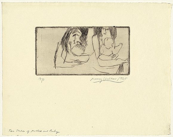 Artist: b'WALKER, Murray' | Title: b'Two studies of mother and baby' | Date: 1965 | Technique: b'drypoint, printed in black ink, from one plate' Artist: b'WALKER, Murray' | Title: b'Two studies of mother and baby' | Date: 1965 | Technique: b'drypoint, printed in black ink, from one plate'