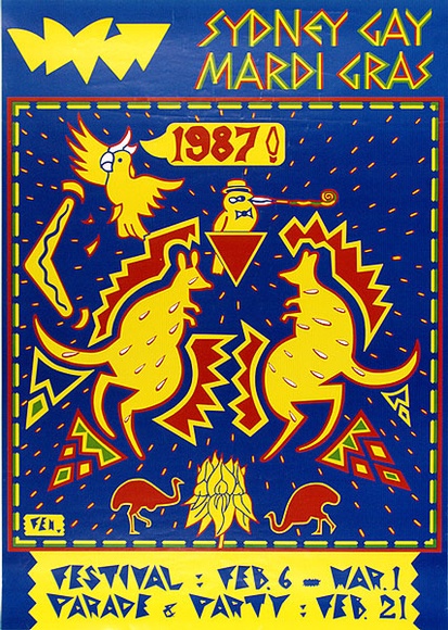 Artist: b'VARIOUS' | Title: b'Sydney Gay Mardi Gras 1987! Festival' | Date: 1987 | Technique: b'offset-lithograph, printed in colour, from multiple plates' Artist: b'VARIOUS' | Title: b'Sydney Gay Mardi Gras 1987! Festival' | Date: 1987 | Technique: b'offset-lithograph, printed in colour, from multiple plates'