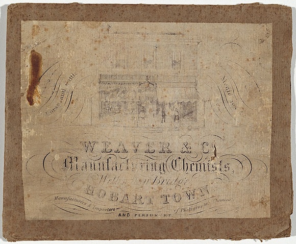 Artist: b'Jarman, Richard.' | Title: b'Trade card: Weaver and Co. Manufacturing Chemists, Wellington Bridge, Hobart Town.' | Date: c.1864 | Technique: b'engraving, printed in black ink, from one copper plate' Artist: b'Jarman, Richard.' | Title: b'Trade card: Weaver and Co. Manufacturing Chemists, Wellington Bridge, Hobart Town.' | Date: c.1864 | Technique: b'engraving, printed in black ink, from one copper plate'