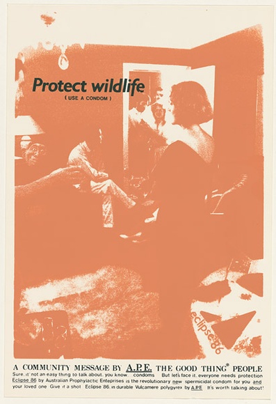Artist: b'UNKNOWN' | Title: b'Protect wildlife (use a condom)' | Date: 1988 | Technique: b'screenprint, printed in colour, from multiple stencils' Artist: b'UNKNOWN' | Title: b'Protect wildlife (use a condom)' | Date: 1988 | Technique: b'screenprint, printed in colour, from multiple stencils'
