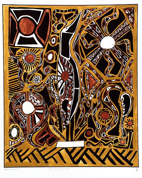 Artist: b'Pupangamirri, Tim.' | Title: b'Tokwanpimi' | Date: 1988 | Technique: b'screenprint, printed in black ink, from one stencil; hand-coloured'