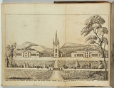 Title: Front view of the new church and King's male and female orphan schools now in progress of building at Newtown, January 1831. | Date: 1831 | Technique: etching, printed in black ink, from one plate