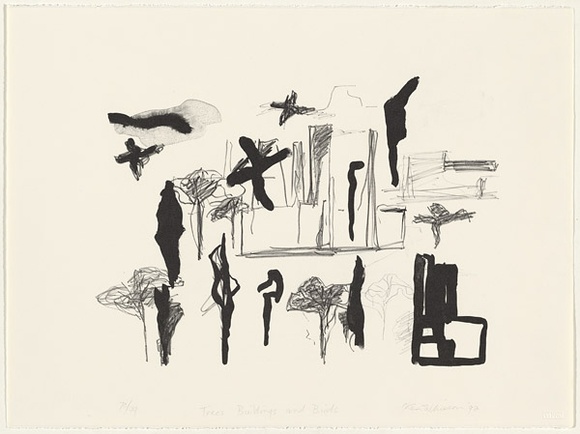 Artist: b'Whisson, Ken.' | Title: b'Trees buildings and birds' | Date: 1992 | Technique: b'lithograph, printed in black ink, from one plate' Artist: b'Whisson, Ken.' | Title: b'Trees buildings and birds' | Date: 1992 | Technique: b'lithograph, printed in black ink, from one plate'