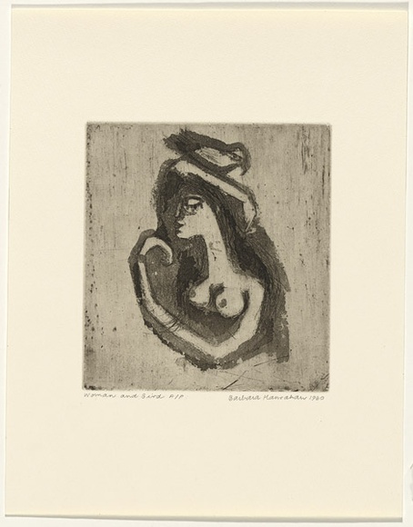 Artist: b'HANRAHAN, Barbara' | Title: b'Woman and bird' | Date: 1960 | Technique: b'etching and aquatint, printed in black ink, from one plate' Artist: b'HANRAHAN, Barbara' | Title: b'Woman and bird' | Date: 1960 | Technique: b'etching and aquatint, printed in black ink, from one plate'