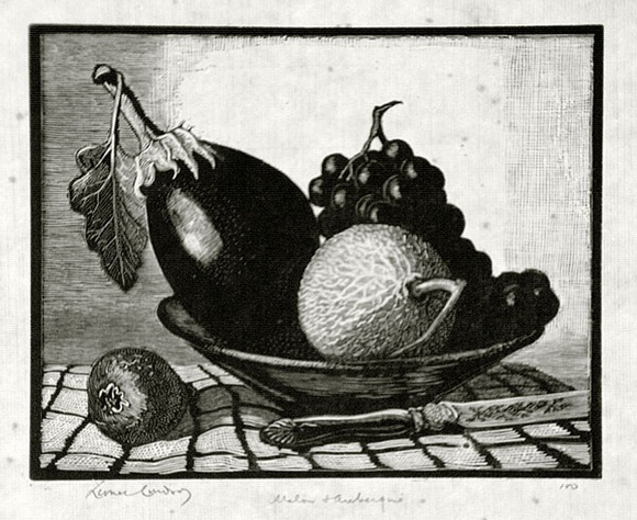Artist: b'LINDSAY, Lionel' | Title: b'Melon and aubergine' | Date: 1936 | Technique: b'wood-engraving, printed in black ink, from one block' | Copyright: b'Courtesy of the National Library of Australia' Artist: b'LINDSAY, Lionel' | Title: b'Melon and aubergine' | Date: 1936 | Technique: b'wood-engraving, printed in black ink, from one block' | Copyright: b'Courtesy of the National Library of Australia'
