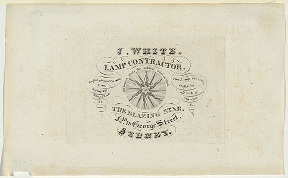 Artist: b'UNKNOWN ENGRAVER,' | Title: b'Trade card: J. White. Lamp contractor. The Blazing Star.' | Date: 1833 | Technique: b'engraving, printed in black ink, from one copper plate' Artist: b'UNKNOWN ENGRAVER,' | Title: b'Trade card: J. White. Lamp contractor. The Blazing Star.' | Date: 1833 | Technique: b'engraving, printed in black ink, from one copper plate'
