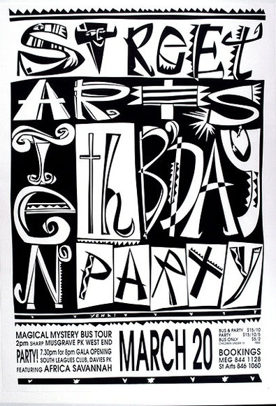 Artist: b'Hart, Sally.' | Title: b'Street Arts Tenth Birthday Party' | Date: 1993, March | Technique: b'screenprint, printed in blue ink, from one stencil'