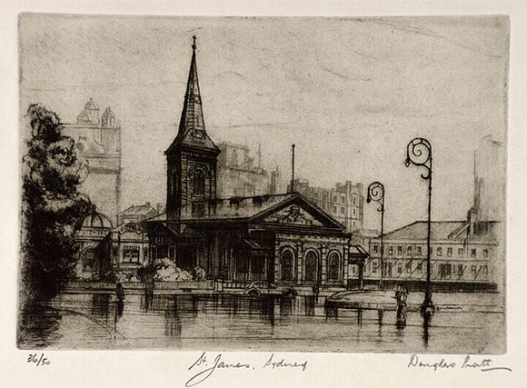 Artist: b'Pratt, Douglas.' | Title: b'St.James, Sydney' | Date: 1938 | Technique: b'etching, printed in brown ink, from one plate' Artist: b'Pratt, Douglas.' | Title: b'St.James, Sydney' | Date: 1938 | Technique: b'etching, printed in brown ink, from one plate'