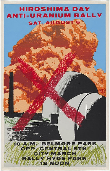 Artist: b'Robertson, Tom.' | Title: b'Hiroshima Day anti-uranium rally' | Date: 1977 | Technique: b'screenprint, printed in colour, from multiple stencils' | Copyright: b'\xc2\xa9 Toni Robertson' Artist: b'Robertson, Tom.' | Title: b'Hiroshima Day anti-uranium rally' | Date: 1977 | Technique: b'screenprint, printed in colour, from multiple stencils' | Copyright: b'\xc2\xa9 Toni Robertson'