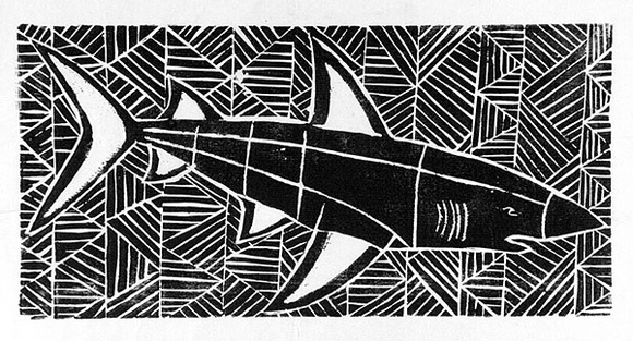 Artist: b'Artist unknown' | Title: b'Shark on geometric ground' | Date: 1970s | Technique: b'woodcut, printed in black ink, from one block'