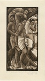 Artist: White, Robin. | Title: The fisherman is brought down from the tree | Date: 1995 | Technique: woodcut, printed in sepia ink, from two blocks