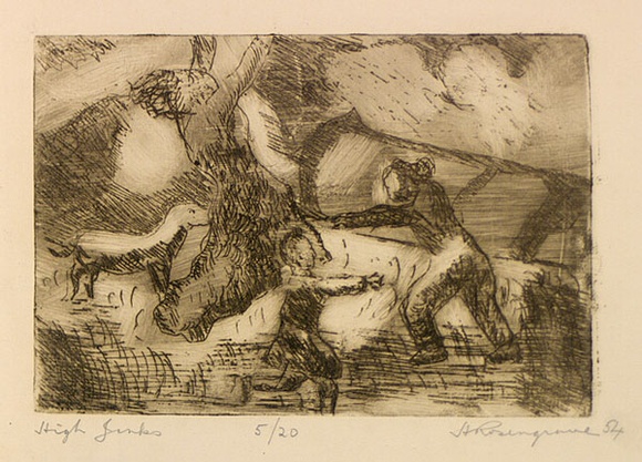 Artist: b'ROSENGRAVE, Harry' | Title: b'High jinks' | Date: 1954 | Technique: b'etching, printed in sepia ink with plate-tone, from one plate' Artist: b'ROSENGRAVE, Harry' | Title: b'High jinks' | Date: 1954 | Technique: b'etching, printed in sepia ink with plate-tone, from one plate'