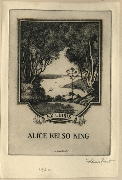 Artist: b'FEINT, Adrian' | Title: b'Bookplate: Alice Kelso King.' | Date: 1924 | Technique: b'etching, printed in black ink with plate-tone, from one plate' | Copyright: b'Courtesy the Estate of Adrian Feint' Artist: b'FEINT, Adrian' | Title: b'Bookplate: Alice Kelso King.' | Date: 1924 | Technique: b'etching, printed in black ink with plate-tone, from one plate' | Copyright: b'Courtesy the Estate of Adrian Feint'