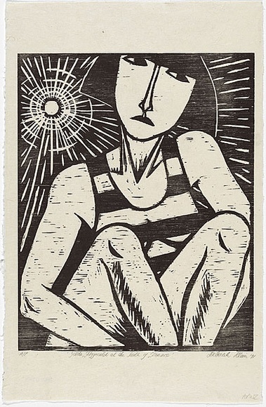 Artist: b'Klein, Deborah.' | Title: b'Zelda Fitzgerald at the south of France' | Date: 1991 | Technique: b'woodcut, printed in black ink, from one block' Artist: b'Klein, Deborah.' | Title: b'Zelda Fitzgerald at the south of France' | Date: 1991 | Technique: b'woodcut, printed in black ink, from one block'