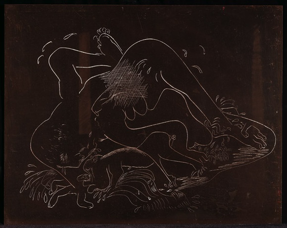 Artist: b'BOYD, Arthur' | Title: b'Plate 30: Jonah page 77. Death and Jonah talk.' | Date: 1972-73 | Technique: b'etched plate' | Copyright: b'This work appears on screen courtesy of Bundanon Trust' Artist: b'BOYD, Arthur' | Title: b'Plate 30: Jonah page 77. Death and Jonah talk.' | Date: 1972-73 | Technique: b'etched plate' | Copyright: b'This work appears on screen courtesy of Bundanon Trust'