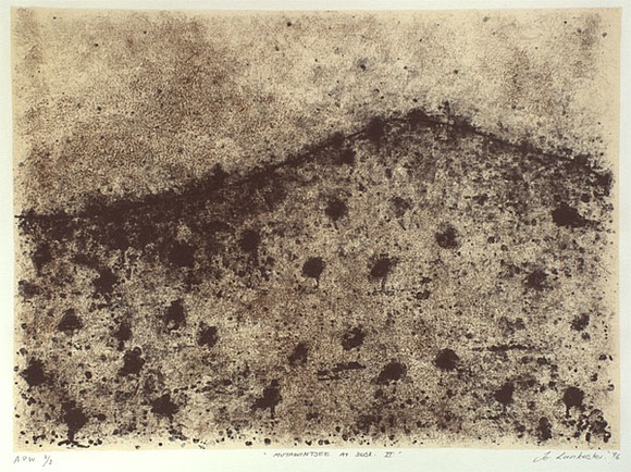 Artist: b'Lankester, Jo.' | Title: b'Mutawinttee at dusk II' | Date: 1996, July | Technique: b'lithograph, printed in black ink, from one stone; cream tint' Artist: b'Lankester, Jo.' | Title: b'Mutawinttee at dusk II' | Date: 1996, July | Technique: b'lithograph, printed in black ink, from one stone; cream tint'