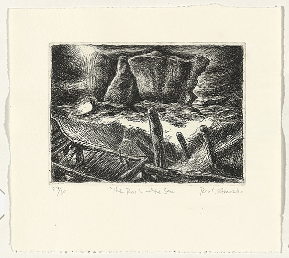 Artist: b'AMOR, Rick' | Title: b'The rock and the sea.' | Date: 1990, July | Technique: b'etching, printed in black ink, from one plate' | Copyright: b'Image reproduced courtesy the artist and Niagara Galleries, Melbourne' Artist: b'AMOR, Rick' | Title: b'The rock and the sea.' | Date: 1990, July | Technique: b'etching, printed in black ink, from one plate' | Copyright: b'Image reproduced courtesy the artist and Niagara Galleries, Melbourne'