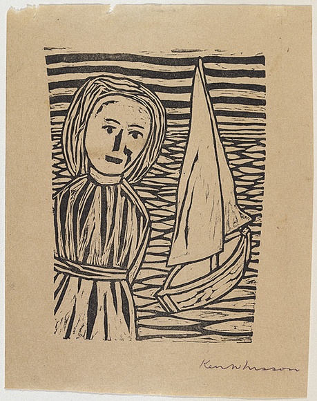 Artist: b'Whisson, Ken.' | Title: b'Girl and boat' | Date: 1952-53 | Technique: b'linocut, printed in black ink, from one block' Artist: b'Whisson, Ken.' | Title: b'Girl and boat' | Date: 1952-53 | Technique: b'linocut, printed in black ink, from one block'
