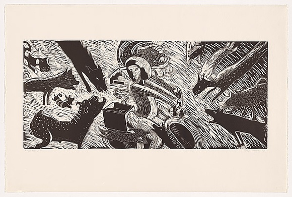 Artist: b'Trikojus, Jane.' | Title: b'We deliver' | Date: 1989. August | Technique: b'linocut, printed in black ink, from one block' | Copyright: b'\xc2\xa9 Jane Trikojus' Artist: b'Trikojus, Jane.' | Title: b'We deliver' | Date: 1989. August | Technique: b'linocut, printed in black ink, from one block' | Copyright: b'\xc2\xa9 Jane Trikojus'