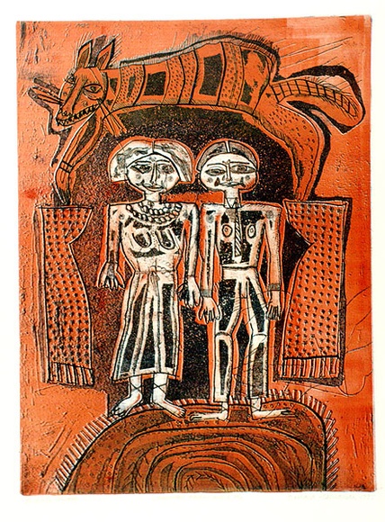 Artist: b'HANRAHAN, Barbara' | Title: b'Suburban Adam and Eve' | Date: 1975 | Technique: b'etching, aquatint, relief-etching printed colour' Artist: b'HANRAHAN, Barbara' | Title: b'Suburban Adam and Eve' | Date: 1975 | Technique: b'etching, aquatint, relief-etching printed colour'