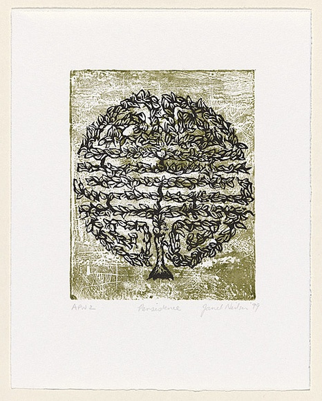 Artist: b'Neilson, Janet.' | Title: b'Persistence' | Date: 1999 | Technique: b'Linocut, printed in black ink, from one plate, over gesso collagraph, printed in green ink, from one plate' Artist: b'Neilson, Janet.' | Title: b'Persistence' | Date: 1999 | Technique: b'Linocut, printed in black ink, from one plate, over gesso collagraph, printed in green ink, from one plate'