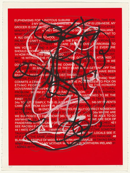 Artist: b'Lewis, Ruark.' | Title: b'Euphemisms for a riotous suburb 1' | Date: 2007 | Technique: b'screenprint, printed in colour, from multiple photo-stencils; additions in gouache and graphite' Artist: b'Lewis, Ruark.' | Title: b'Euphemisms for a riotous suburb 1' | Date: 2007 | Technique: b'screenprint, printed in colour, from multiple photo-stencils; additions in gouache and graphite'