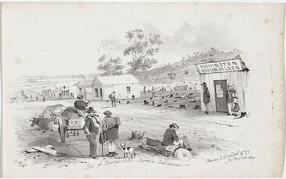 Artist: b'GILL, S.T.' | Title: bSite of Bently's Hotel, Eureka, Ballarat. | Date: 1855-56 | Technique: b'lithograph, printed in black ink, from one stone' Artist: b'GILL, S.T.' | Title: bSite of Bently's Hotel, Eureka, Ballarat. | Date: 1855-56 | Technique: b'lithograph, printed in black ink, from one stone'